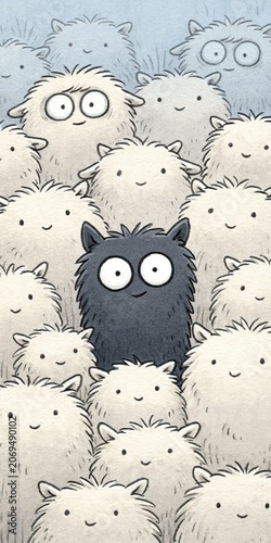 black sheep - comical animation of black sheep surrounded by white sheep sticking out from the crowd