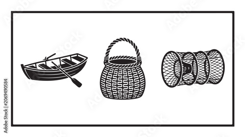 Fishing Boat Oars Woven Basket and Nets Isolated on White For Nautical Concepts