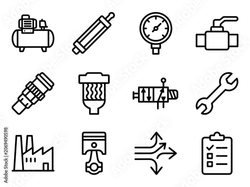 Minimalist Pneumatics Icons Set. Outline Symbols for Air Power Systems, Industrial Automation, and Mechanical Engineering.