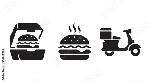 Food Delivery Icons Set With Burger And Scooter For Restaurant And Takeout Concepts