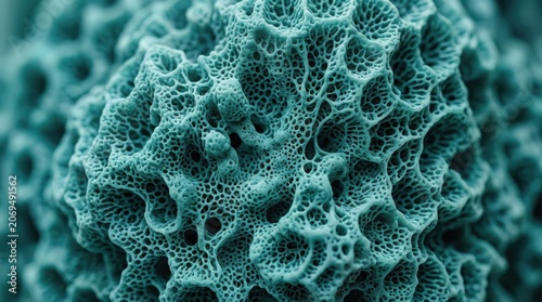 Organic abstract coral texture featuring micro structures and cellular patterns for biology. This teal surface design shows soft