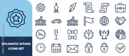 Fotografía Diplomatic affairs set, featuring outline symbols of government buildings, globa
