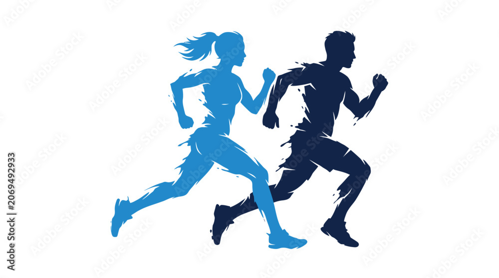 Fototapeta premium Dynamic male and female athletes running together in a stylized, energetic motion