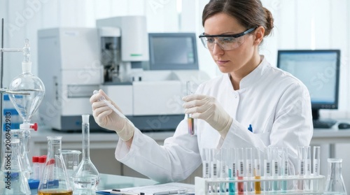 Scientist working in a laboratory with research chemistry and medical test tubes for experiment. This lab coat healthcare worker