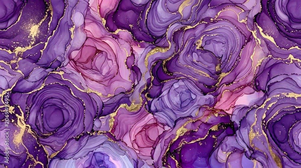 Obraz premium Abstract Purple Pink Fluid Art With Gold Leaf Luxury Texture
