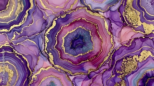 Abstract Purple Pink Fluid Art With Gold Leaf Luxury Texture