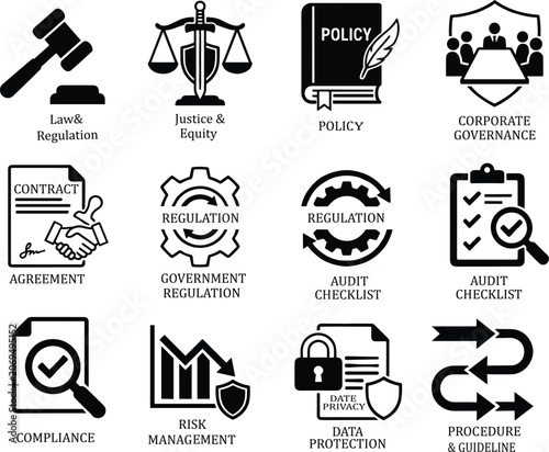 Corporate Compliance Policy Legal Legislation Government Regulation and Risk Management Black Solid Icon Set