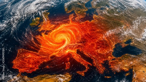 Summer heat anomaly cyclone over Europe satellite map showing red heatwave, wind streams, pressure and climate emergency concept