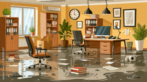 Modern office flooded with water reflecting furniture and accessories