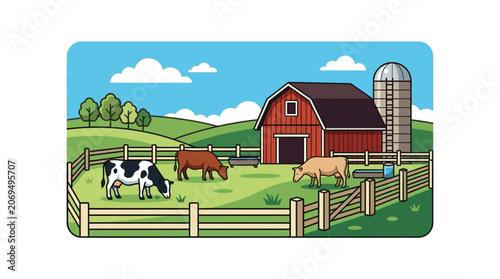 Foto Cows Grazing in Farm Yard Area.