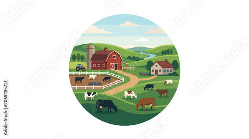 Konstfotografi Cows Grazing on Green Farm Land.