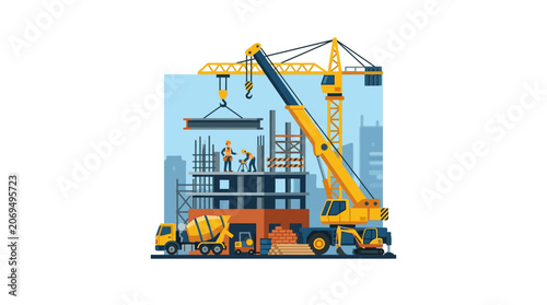 Tableau sur toile Yellow Construction Crane Lifting Heavy Load.