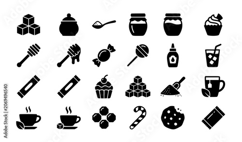 Fotografía Solid Fill Sugar and Sweetener Icon Set with Honey Candy Sugar Cube and Sweet Fo