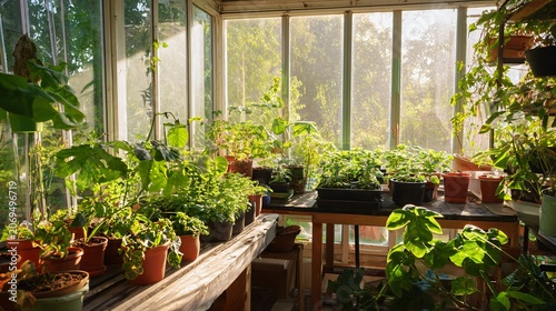 Sun-drenched greenhouse interior filled with thriving potted plants on rustic wooden benches, ideal for botany blogs, organic gardening themes, and copy space