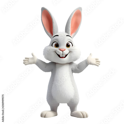 Smiling cartoon rabbit with outstretched arms isolated on transparent background