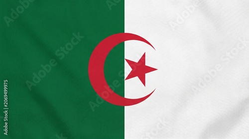 Algerian flag waving proudly, symbolizing faith, unity, and freedom through crescent, star, and colors…