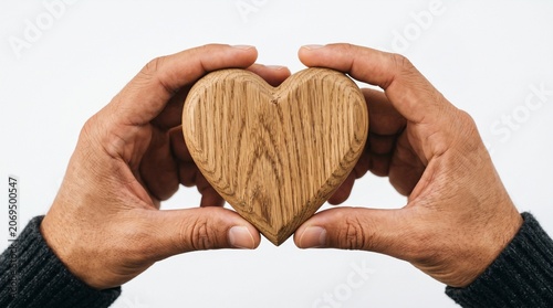 Hands holding a wooden heart shape symbolizing love care and affection with a clean white background