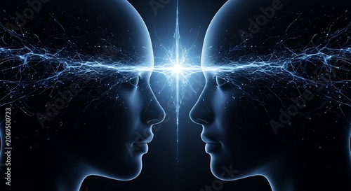 Two human heads connected by glowing neural energy light beams