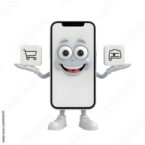 Cartoon smartphone character holding shopping icons isolated on transparent background