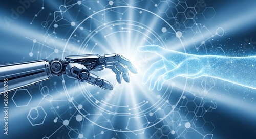 Futuristic robotic hand interacting with digital network energy beams