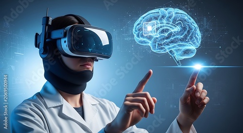 Person using virtual reality headset interacting with digital brain interface technology