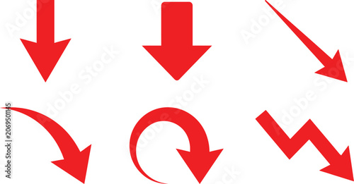 Set of various red arrows pointing down in different shapes and directions for design projects