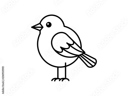 A simple and very cute looking line drawing of a round and small bird standing on two thin legs