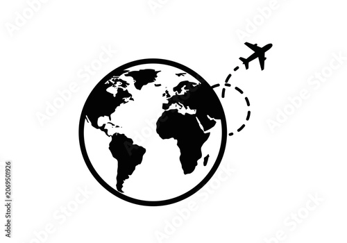 A perfect deep black silhouette of a perfect world globe with an airplane silhouette flying around it