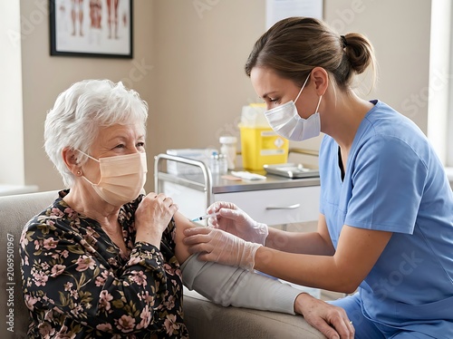 Senior woman receiving vaccine from nurse at home.