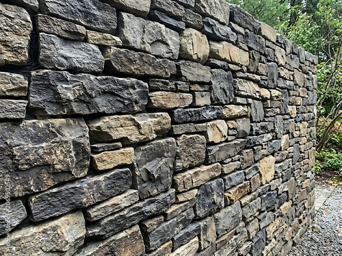 Close-up of weathered stone brick wall texture.