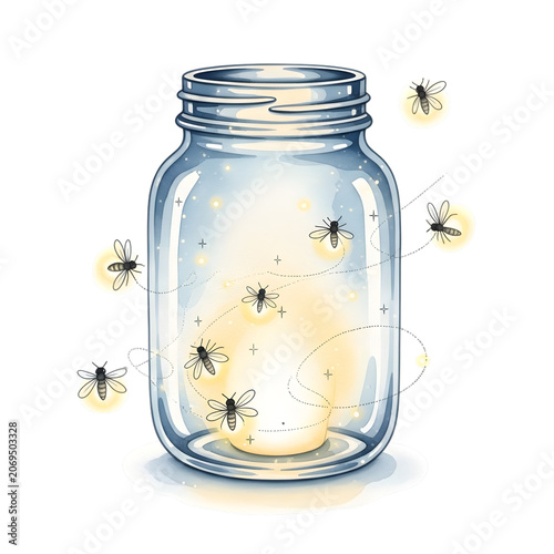 Bees flying around a light bulb in a jar isolated on white background