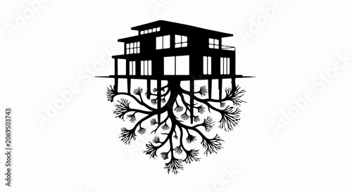 Modern house silhouette mirrored by deep, intricate root system below ground