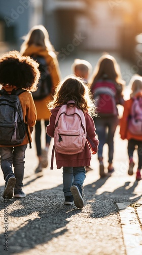 Diverse Group of Children Walking Together to School in Fall