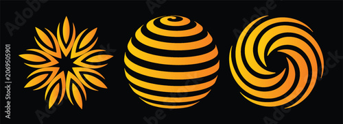 Foto A trio of abstract orange gradient graphic design elements including a starburst