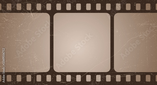 Fotografía Retro film strip with three empty frames, aged texture, scratches, and sprockets, on brown background, isolated vintage cinema element
