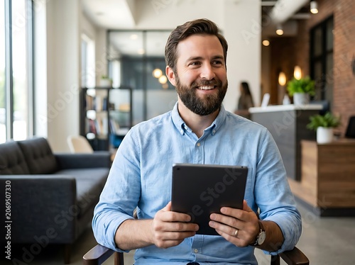 Businessman using tablet in modern office lounge.