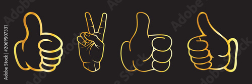 Golden line art illustration of four different hand gestures including thumbs up and peace sign on black background graphic resources