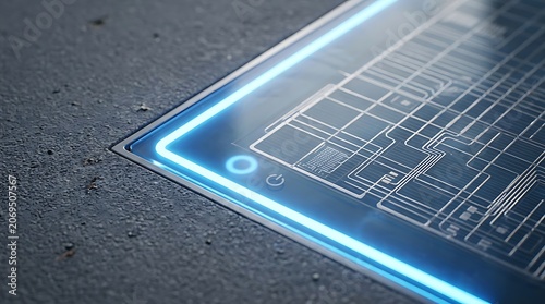 Futuristic Circuit Board with Glowing Blue Light.