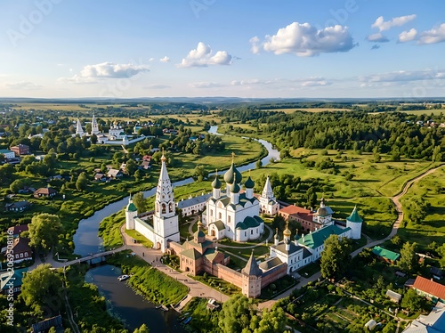 Aerial view of historic Russian monastery complex.