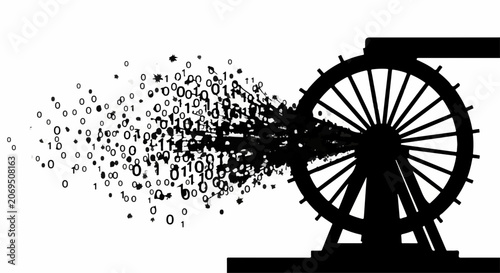Water wheel transforming digital data into a stream of abstract particles against a white background.