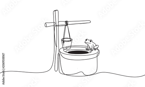 Tableau sur toile Continuous line of a small frog sitting on the edge of a stone water well with a