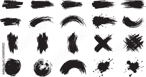 Diverse collection of black brush strokes and splatters for artistic design and textural elements