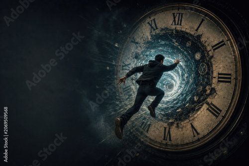A man reaches toward a glowing clock tunnel. Space for text.