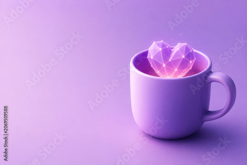 A purple cup holds a glowing digital heart. Space for text.