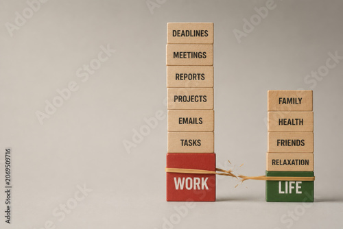 Work and life blocks tied with a breaking rope.