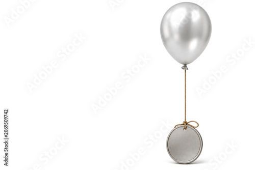 Silver balloon tied to metal weight. Space for text.