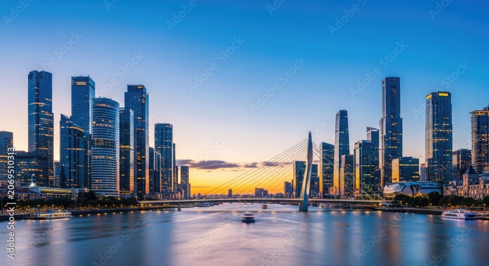 Obraz premium Modern city skyline with bridge at dusk urban architecture and transportation