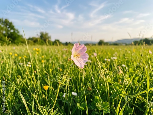 Pink flower blooming in lush green meadow field.