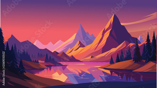 Photos Mountain lake reflecting sunset sky with warm light and distant peaks in stylize
