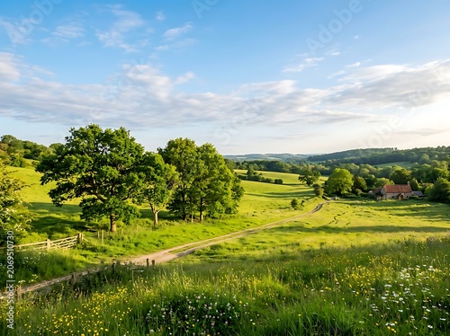 Rolling Green Hills and Meadows Under Blue Sky.